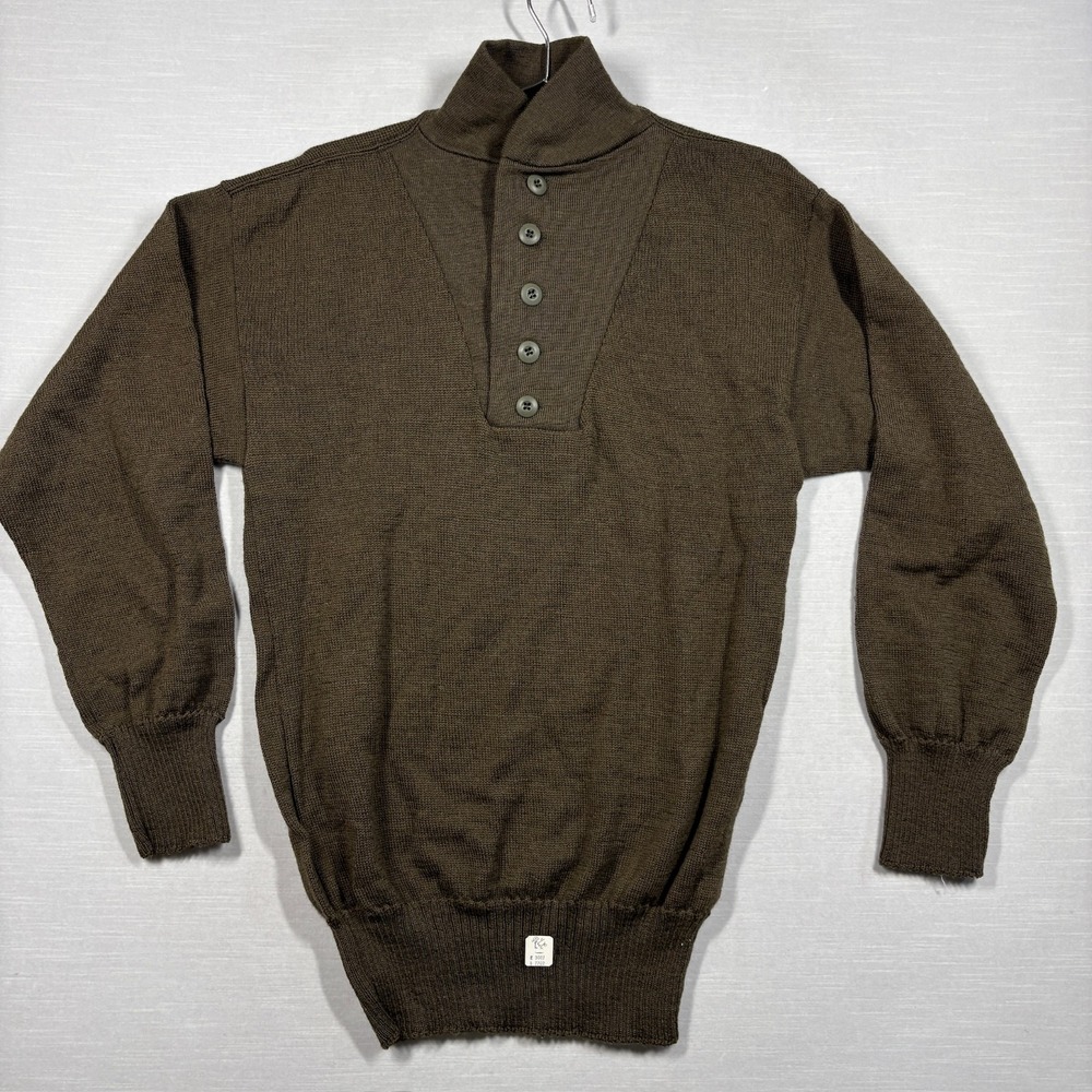 Vintage Military Henley Sweater L OD Green Wool Perfect Knitting Mills 80s